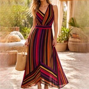 Worthington Multicolor Stripe Pleated Chiffon Maxi Dress Size 14